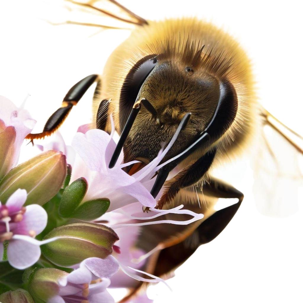 A bee inhaling the nectar of thyme flowers