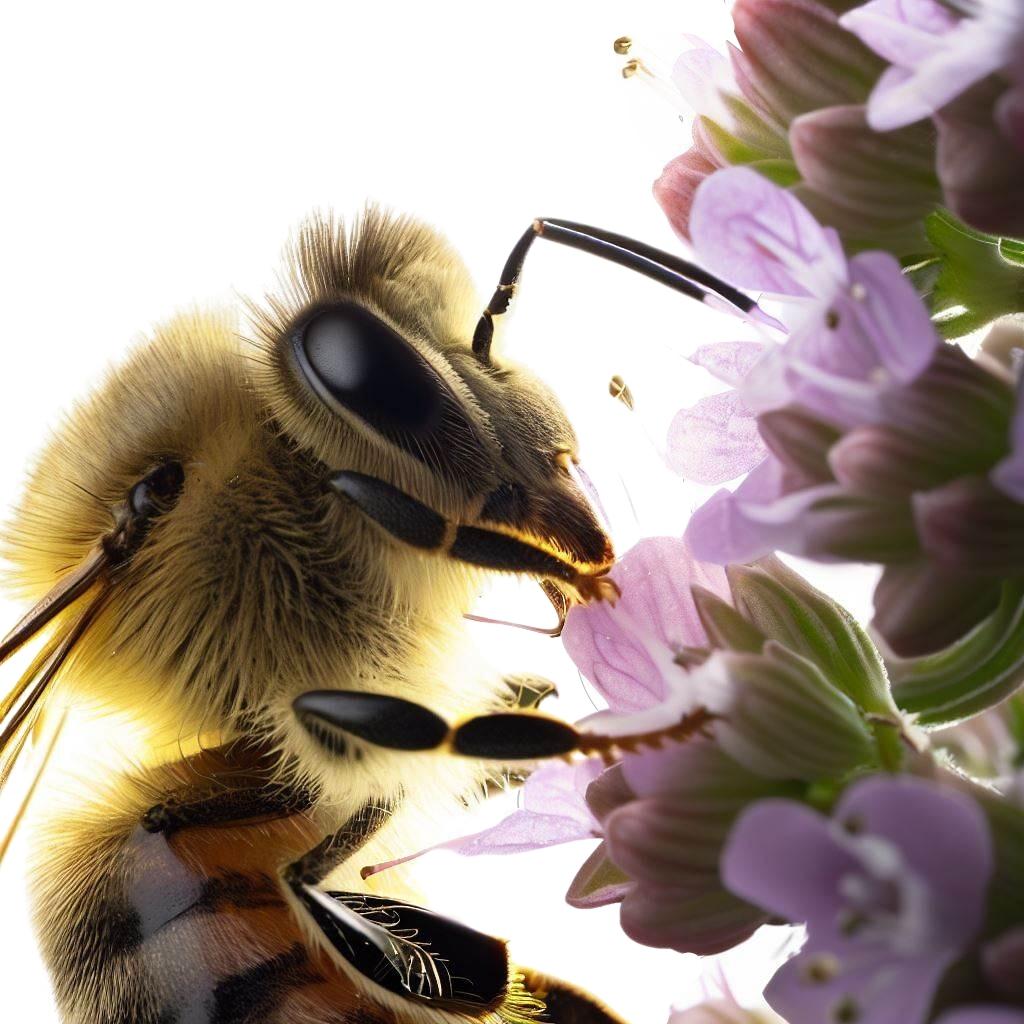 A bee inhaling the nectar of thyme flowers