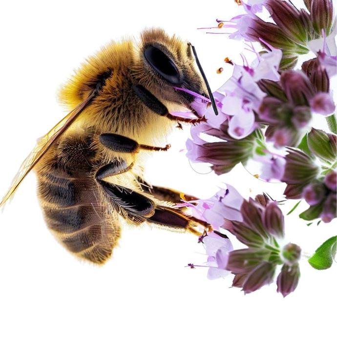 A bee inhaling the nectar of thyme flowers