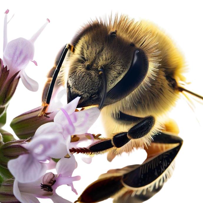 A bee inhaling the nectar of thyme flowers